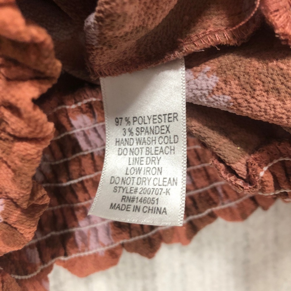 Monteau Los Angeles Floral Print Blouse Smocked Waist Ruffle Trim Copper - Picture 5 of 9